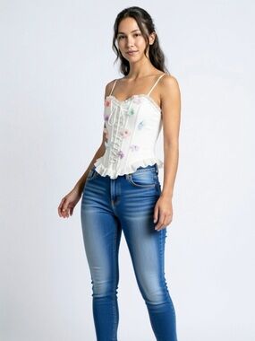 Butterfly Embroidered White Corset Tank Top - Feminine Ruffle Detail